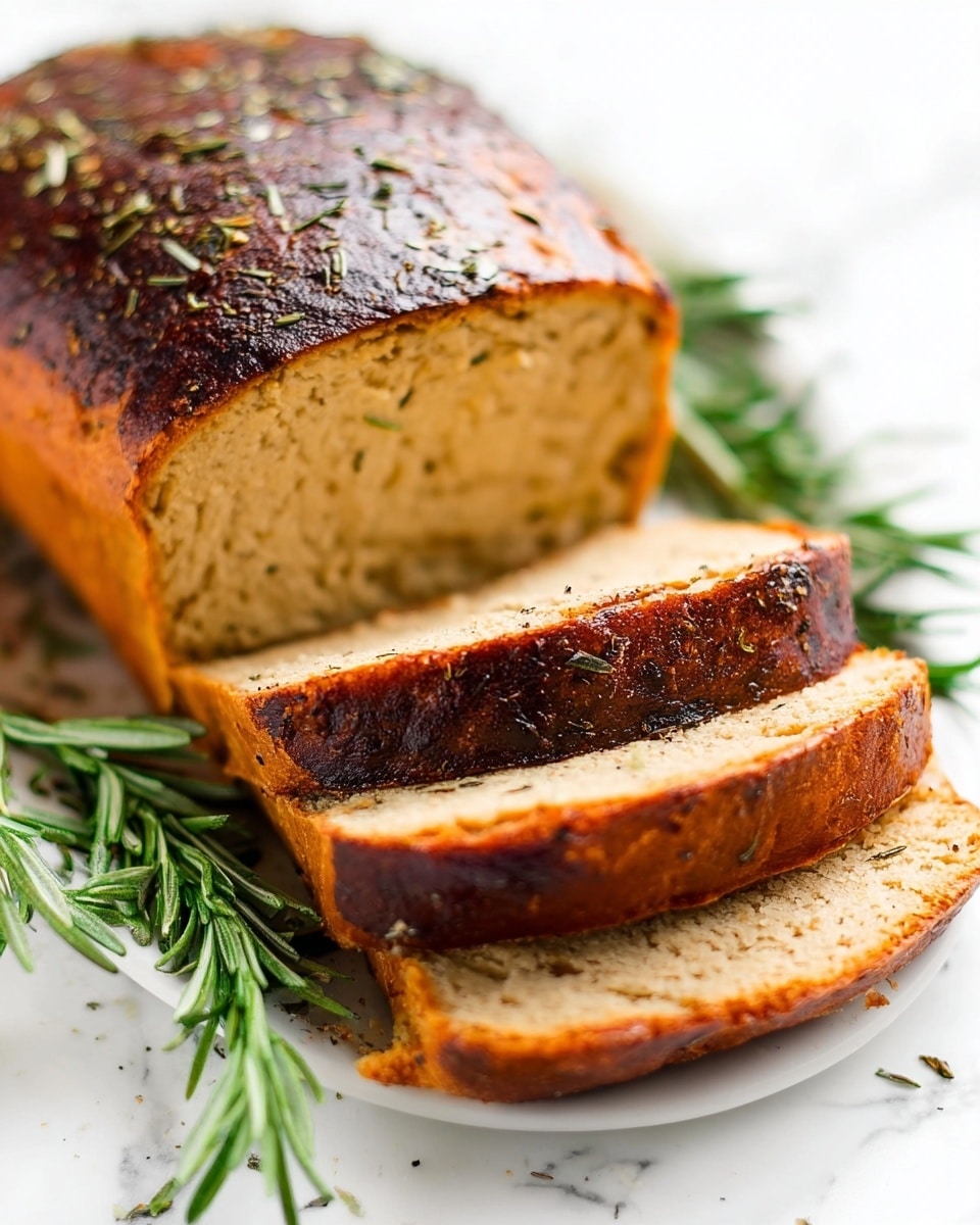 The image shows a cooked loaf with a dark brown, slightly crispy top sprinkled with dried herbs. The loaf is partially sliced, revealing four thick slices inside that are light brown with a soft, crumbly texture. The loaf and slices rest on a bed of fresh green rosemary sprigs, all placed on a white plate. The background is a white marbled surface. photo taken with an iphone --ar 4:5 --v 7