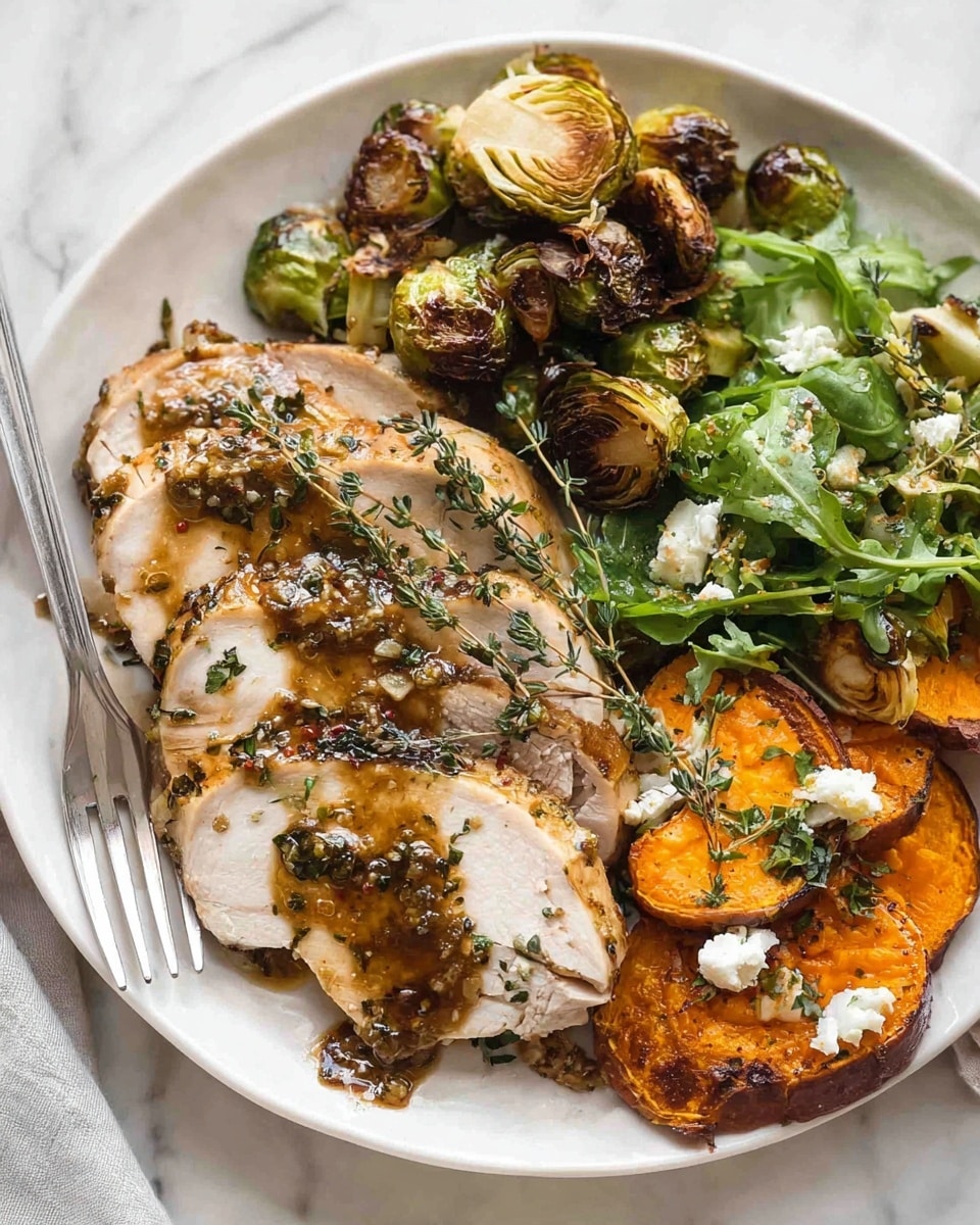 The dish shows a white plate sitting on a white marbled surface with three slices of golden brown cooked meat arranged in the center-left, each slice showing juicy texture on the inside and a slightly crispy, herb-coated outer edge. On the top center of the plate, there are some roasted halved Brussels sprouts, dark green and slightly charred on the outside. To the right side of the plate, cooked orange sweet potato slices mix with fresh green leafy arugula, topped with small white cheese crumbles and some nuts. A silver fork with a simple design rests on the left edge of the plate. There is a light sauce and small herbs drizzled and sprinkled across the plate. photo taken with an iphone --ar 4:5 --v 7