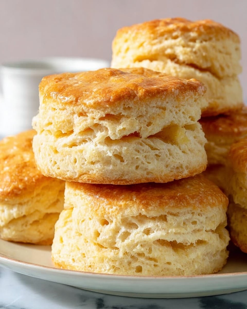 A stack of seven golden brown biscuits with a soft, flaky texture are placed on a white plate. Each biscuit shows clear layers, with a light, slightly crumbly inside and a shiny, smooth top crust that is gently browned. The biscuits vary slightly in shape, with most round and one shaped like a triangle, all resting together closely. The plate sits on a white marbled surface, and a clear glass dish with a block of light yellow butter is visible in the background. The lighting emphasizes the warm, fresh-baked look of the biscuits, photo taken with an iphone --ar 4:5 --v 7