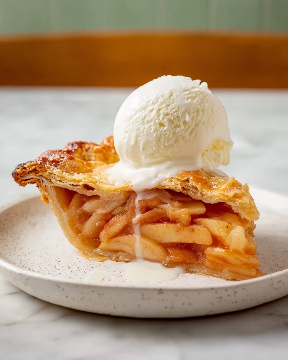 A slice of apple pie with three visible layers: the bottom crust is golden brown and flaky, the middle layer is filled with soft, glossy, light orange-brown apple slices, and the top crust is also golden brown with a slightly crunchy texture. On top of the pie slice, there is a round scoop of white vanilla ice cream that is slowly melting and dripping down the sides. The slice sits on a white plate with a few crumbs around it, on a white marbled surface. Photo taken with an iphone --ar 4:5 --v 7
