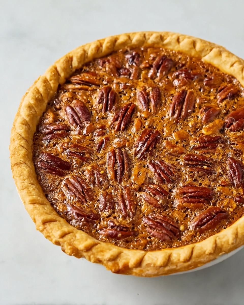 A whole pecan pie with a thick outer crust that is light golden and flaky, crimped around the edges in a wave pattern. The top layer is a dark amber filling with whole pecans scattered evenly across the surface, showing their rough, shiny brown shells. The filling looks slightly bubbly and textured under the nuts. The pie sits on a white marbled surface. photo taken with an iphone --ar 4:5 --v 7