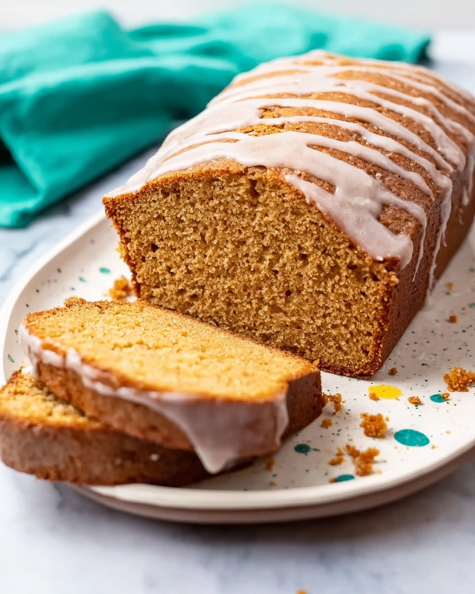 The image shows a loaf of golden brown cake with a slightly darker crust. The cake is sliced, revealing a soft, moist, and crumbly inside with a warm tan color. A white icing glaze is drizzled over the top, running slightly down the sides in thin uneven streams. The cake sits on a white rectangular plate with small yellow and blue speckles, placed on a surface with a white marbled texture. There are some crumbs scattered around the plate near the cake. Photo taken with an iphone --ar 4:5 --v 7