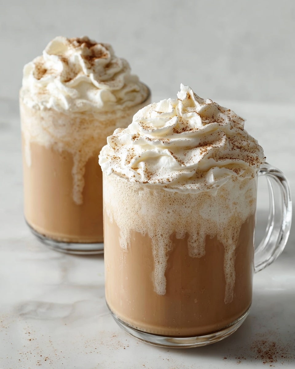 Two clear glass mugs filled with a light brown creamy drink, each topped with a thick, swirled layer of white whipped cream sprinkled with light brown cinnamon powder. The whipped cream sits generously above the rim of the mugs, with some whipped cream slightly dripping down the sides. The mugs are placed on a white marbled surface. photo taken with an iphone --ar 4:5 --v 7