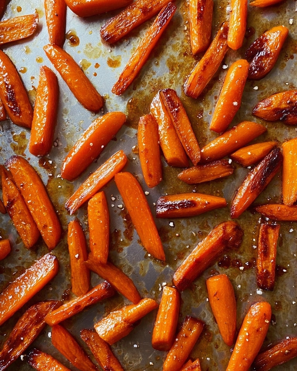The image shows many pieces of roasted carrots spread out on a metal baking sheet. Each piece is cut into thick, whole or halved sticks with a shiny, caramelized orange surface that looks slightly browned and crisp. The baking sheet has some brown spots and a lightly textured finish from roasting. The carrots have a smooth, roasted texture with some parts darker from roasting, and some pieces show the softer inner orange flesh. photo taken with an iphone --ar 4:5 --v 7