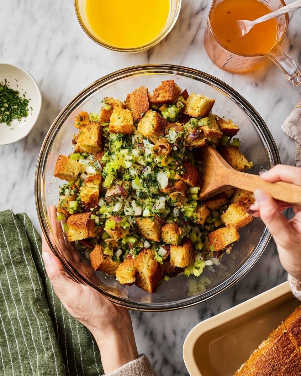 A clear glass bowl filled with three visible layers: at the bottom are bright green chopped celery pieces, in the middle are browned, thick, square pieces of cornbread, and on top are finely chopped fresh green herbs and translucent diced onions mixed with herbs. A woman's hand is holding the bowl on the left side while another woman's hand is stirring the contents with a wooden spoon from the right side. The bowl sits on a white marbled surface, next to a striped green cloth, a small white bowl of yellow beaten eggs, a clear measuring cup with amber liquid, and a beige ceramic tray. photo taken with an iphone --ar 4:5 --v 7