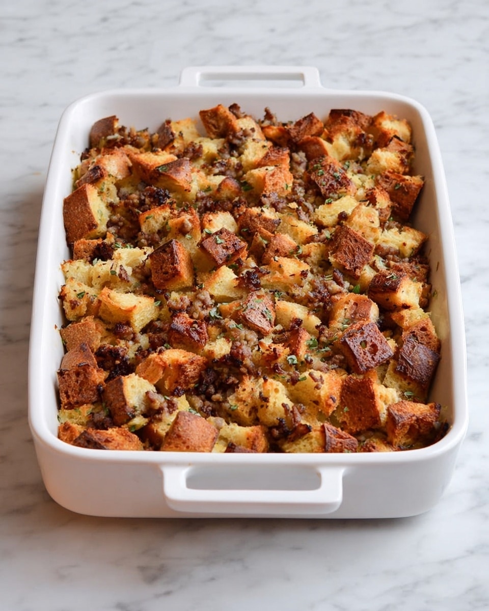 A rectangular white baking dish filled with a one-layer stuffing made of uneven pieces of golden brown bread mixed with bits of browned sausage and herbs, giving a rough texture with some darker caramelized spots scattered throughout. The dish sits on a white marbled surface. Photo taken with an iphone --ar 4:5 --v 7