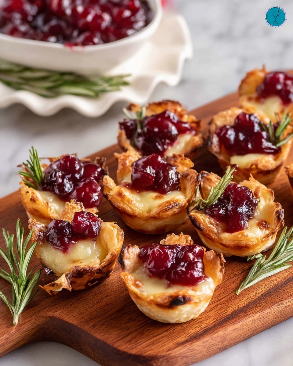 The image shows a wooden board with small mini tartlets arranged on it, each tartlet having one layer of golden-brown crust, topped with melted creamy white cheese and a dollop of bright red cranberry sauce with visible cranberry pieces, some garnished with small green rosemary sprigs. Behind the tartlets is a white bowl filled with deep red cranberry sauce, and a cluster of fresh rosemary sprigs resting on the board. Part of a white cake stand with more tartlets is visible at the top of the image. The overall setup rests on a white marbled surface. photo taken with an iphone --ar 4:5 --v 7