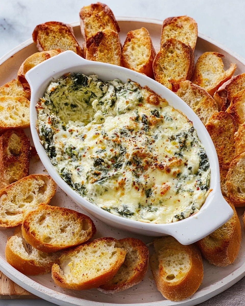 The image shows a white oval baking dish filled with a creamy spinach and cheese dip that has a golden brown, bubbly and slightly browned top layer. The dip has a creamy white color mixed with green spinach bits visible through the melted cheese. Around the dish, there are many crispy toasted bread slices with a golden yellow color and small black pepper specks, arranged casually on a large white tray. The tray is placed on a white marbled surface that contrasts with the warm colors of the food. photo taken with an iphone --ar 4:5 --v 7