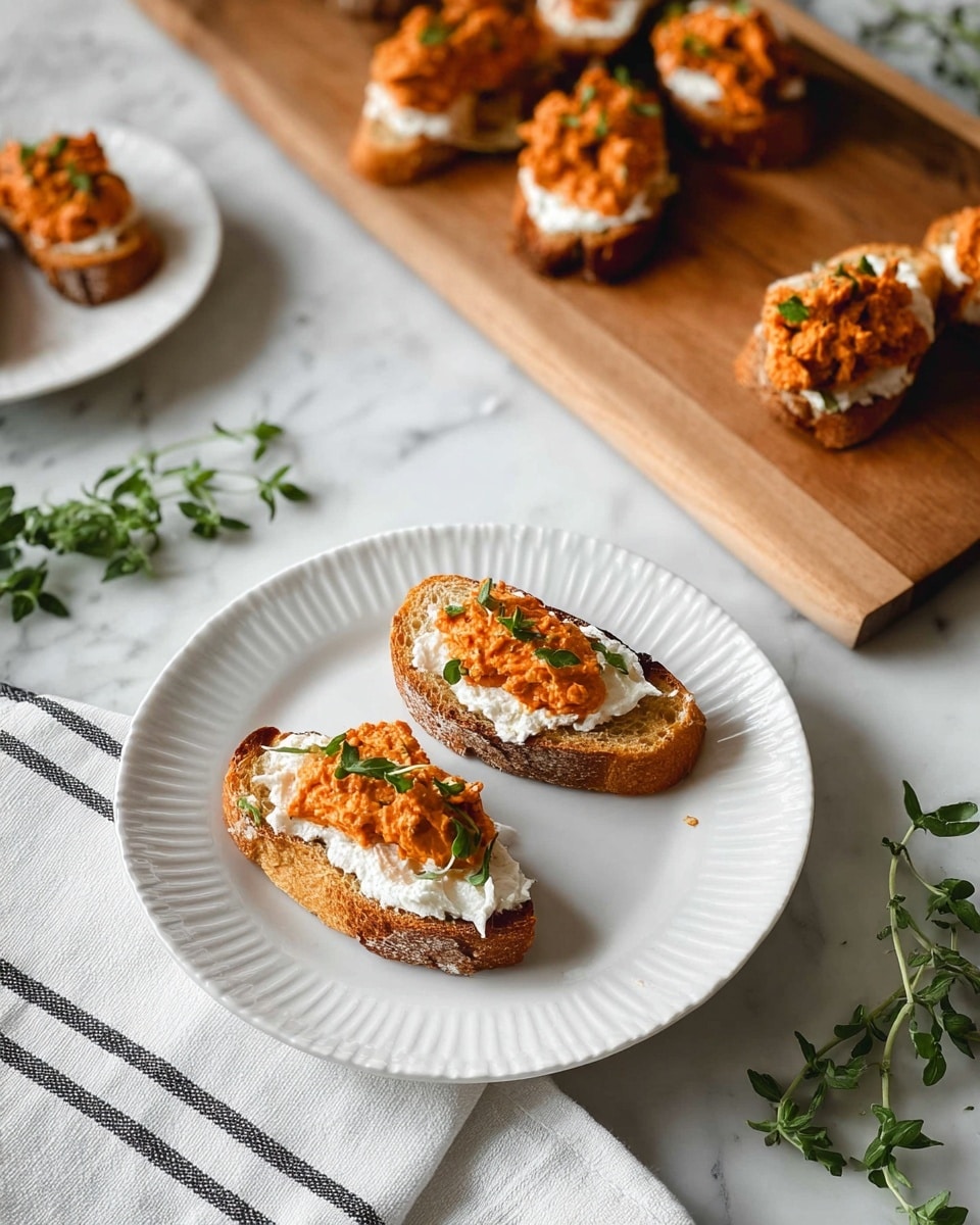The image shows two small toasted bread slices on a white plate with a fluted edge. Each slice has three layers: the bottom layer is golden-brown toasted bread, the middle layer is white creamy spread, and the top layer is a chunky orange topping garnished with small fresh green herbs. To the right, there is a wooden board with several more similar toast slices arranged in a row. In the upper left corner, fresh green sprigs lie on a white marbled surface, and a white cloth with a black stripe is partially visible at the bottom. The photo is taken with an iphone --ar 4:5 --v 7