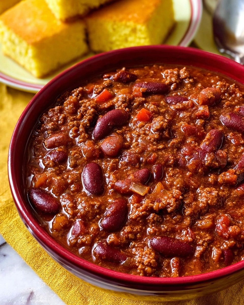 A close-up view of a red bowl filled with thick reddish-brown chili containing large kidney beans, ground meat, and chunks of tomato, showing a rich, textured sauce with a glossy surface. In the background, there are two square pieces of golden yellow cornbread resting on a white marbled surface. The bowl and cornbread form a warm, hearty meal setup. Photo taken with an iphone --ar 4:5 --v 7