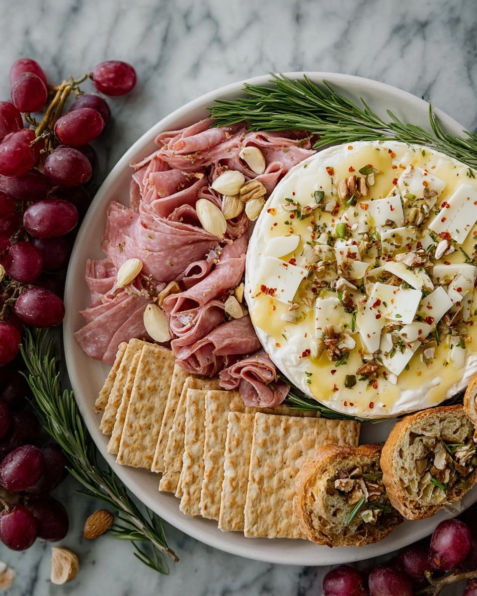A large white plate is filled with four main sections. The top right has creamy melted cheese topped with cut slices of brie cheese sprinkled with green pistachios, chopped nuts, red chili flakes, and small green herbs. The bottom right has a stack of light brown woven crackers. The left side holds pink folded slices of cured meat with several whole white cloves of garlic tucked in. Surrounding the plate are sliced baguette bread with light brown crusts and sprigs of fresh green rosemary and small bunches of purple grapes placed on a white marbled surface. Photo taken with an iphone --ar 4:5 --v 7