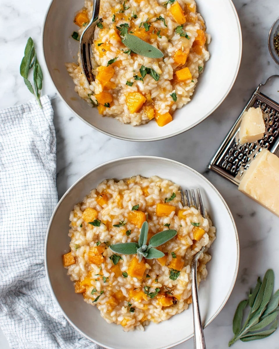 A close-up of a creamy risotto served in a white bowl on a white marbled surface, featuring three layers: the bottom layer is creamy, light beige risotto rice, the middle layer contains small, bright orange cubes of squash, and the top layer is scattered with green herbs and three fresh sage leaves, creating a fresh contrast; a silver fork is gently placed into the risotto from the top right side, and a blue and white checkered cloth is partially visible on the bottom left corner, photo taken with an iphone --ar 4:5 --v 7