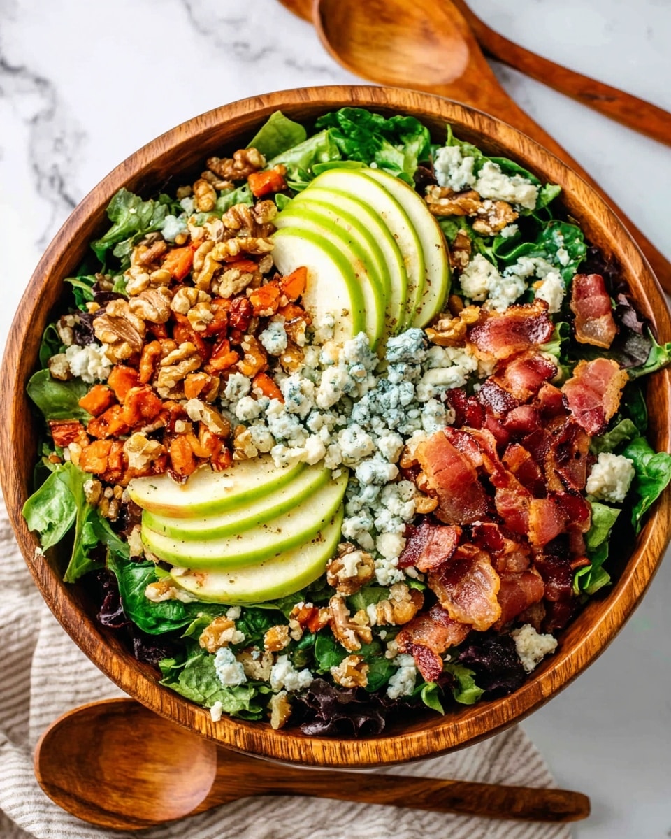 A wooden bowl filled with a colorful salad sits on a white marbled surface. The salad has layers of dark green leafy mix as the base. On top, there are four groups of toppings placed in sections: bright green sliced apple, crunchy orange-brown walnuts, small cooked reddish-brown bacon pieces, and crumbly light blue cheese scattered across. The bacon wraps slightly inside the bowl edge. Next to the bowl, two wooden spoons lie on the white marbled texture. The photo taken with an iphone --ar 4:5 --v 7
