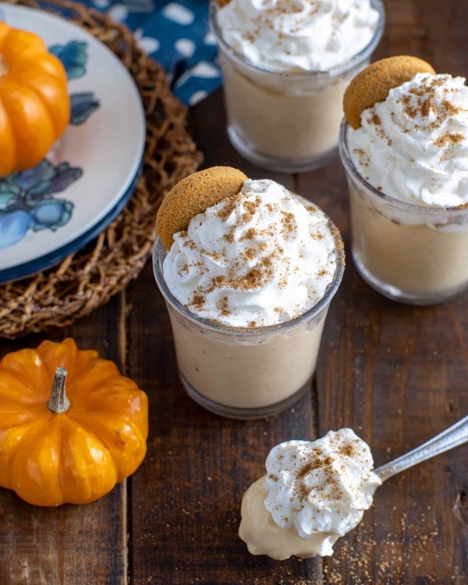 The image shows three clear cups filled with a creamy beige drink topped with a thick layer of white whipped cream, sprinkled with brown crumbs. One cup has a small round cookie partially dipped into the whipped cream on the side. To the top left, there is a small bright orange pumpkin adding a pop of color. The cups are placed on a dark wooden surface with a woven mat and a white plate with blue decorations partially visible in the background. One spoon holds a beige creamy substance with whipped cream on top on the right side of the image. photo taken with an iphone --ar 4:5 --v 7