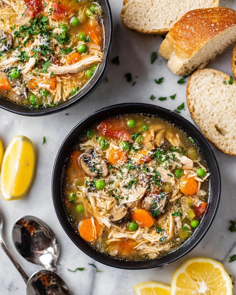A close-up view of a clear broth chicken soup with many visible layers inside a silver pot, showing shredded white chicken pieces scattered throughout, bright green peas dotting the soup, and chunks of orange carrot slices and white potato pieces adding texture. There are also green bean pieces and red tomato chunks mixed in, all floating in a golden-brown broth with small herbs sprinkled throughout. A metal ladle lifts a large piece of white potato amid the vegetables and chicken, with a metal spoon handle partially seen on the right side. The soup looks warm and hearty, filled with soft and chunky ingredients in a rich broth. Photo taken with an iphone --ar 4:5 --v 7