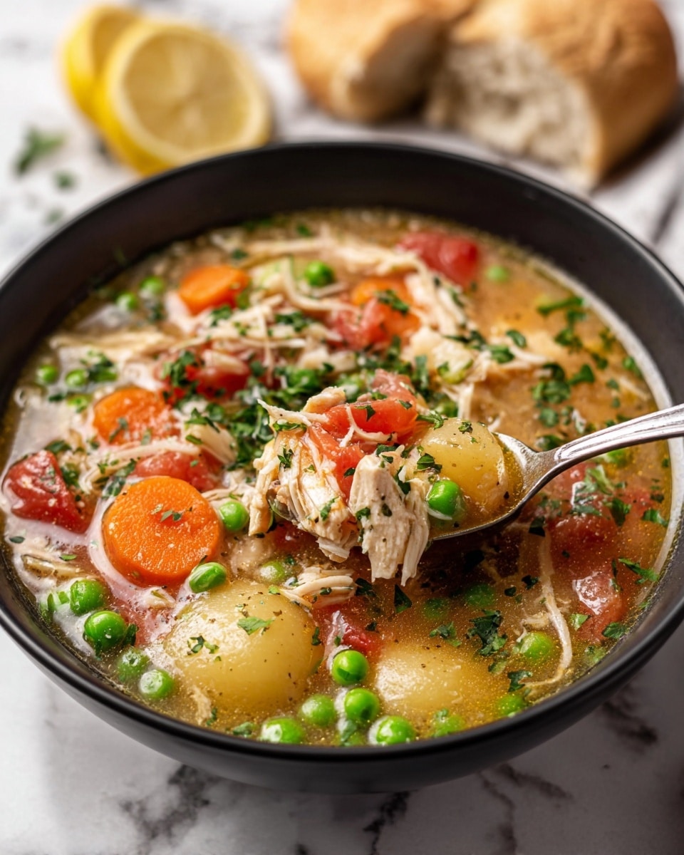Two black bowls filled with chicken and vegetable soup sit on a white marbled surface. Each bowl shows a clear broth base with shredded white chicken pieces spread throughout. Bright orange carrot slices, green peas, and green beans add color, along with chunks of light brown mushrooms and small red tomato pieces. The soup is topped with finely chopped green herbs and a sprinkle of grated cheese. Around the bowls are slices of light brown bread and lemon wedges, with four shiny metal spoons placed nearby. Photo taken with an iphone --ar 4:5 --v 7