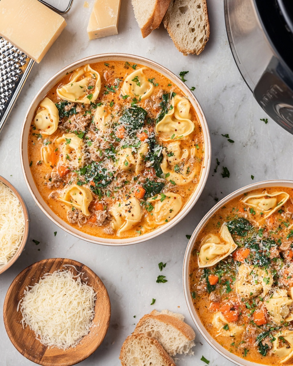 Two white bowls filled with creamy tortellini soup resting on a white marbled surface. Each bowl contains three layers: the bottom layer is a rich orange creamy broth, middle layer has plump tortellini pasta pieces along with chopped carrots, spinach, and small bits of cooked ground meat, and the top layer is sprinkled with grated cheese and chopped fresh herbs. Around the bowls are scattered chunks of parmesan cheese, a cheese grater, slices of white bread, and a bowl filled with grated cheese. A spoon rests near the bowls, and part of a kitchen appliance is visible in the top right corner. photo taken with an iphone --ar 4:5 --v 7