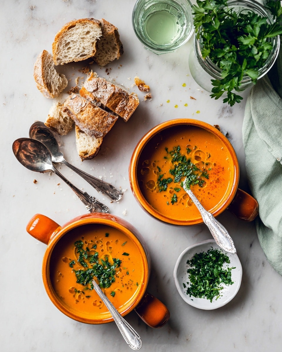 The image shows two orange handled bowls filled with orange soup, each topped with small green chopped herbs and a drizzle of oil, with one bowl also containing some torn pieces of light brown crusty bread. Nearby, more torn slices of the same bread lie on a white marbled surface along with two silver spoons crossed and a small pile of finely chopped green herbs in a white bowl with a silver spoon inside. In the background, an empty glass, a glass with a light green drink, a light green cloth napkin, and a clear glass jar of fresh parsley add extra detail. The photo taken with an iphone --ar 4:5 --v 7