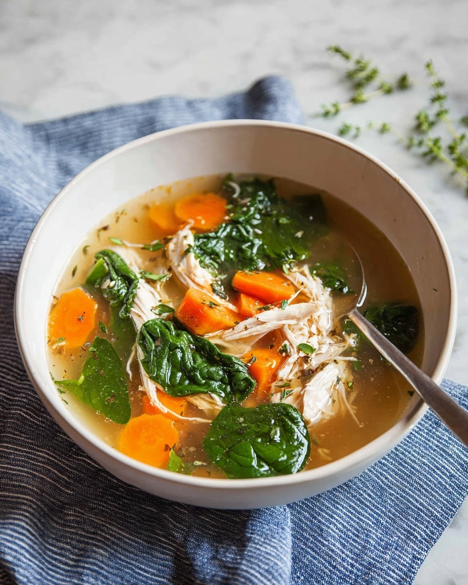 A white bowl filled with clear broth soup showing three main layers: bright orange carrot chunks, light beige shredded chicken pieces, and fresh dark green spinach leaves mixed throughout. Small sprigs of fresh herbs rest on top, and the soup is sprinkled with black pepper. A silver spoon is placed inside the bowl on the right side. The bowl sits on a blue striped cloth over a white marbled surface, with a white bowl containing lemon slices visible in the top left corner. photo taken with an iphone --ar 4:5 --v 7
