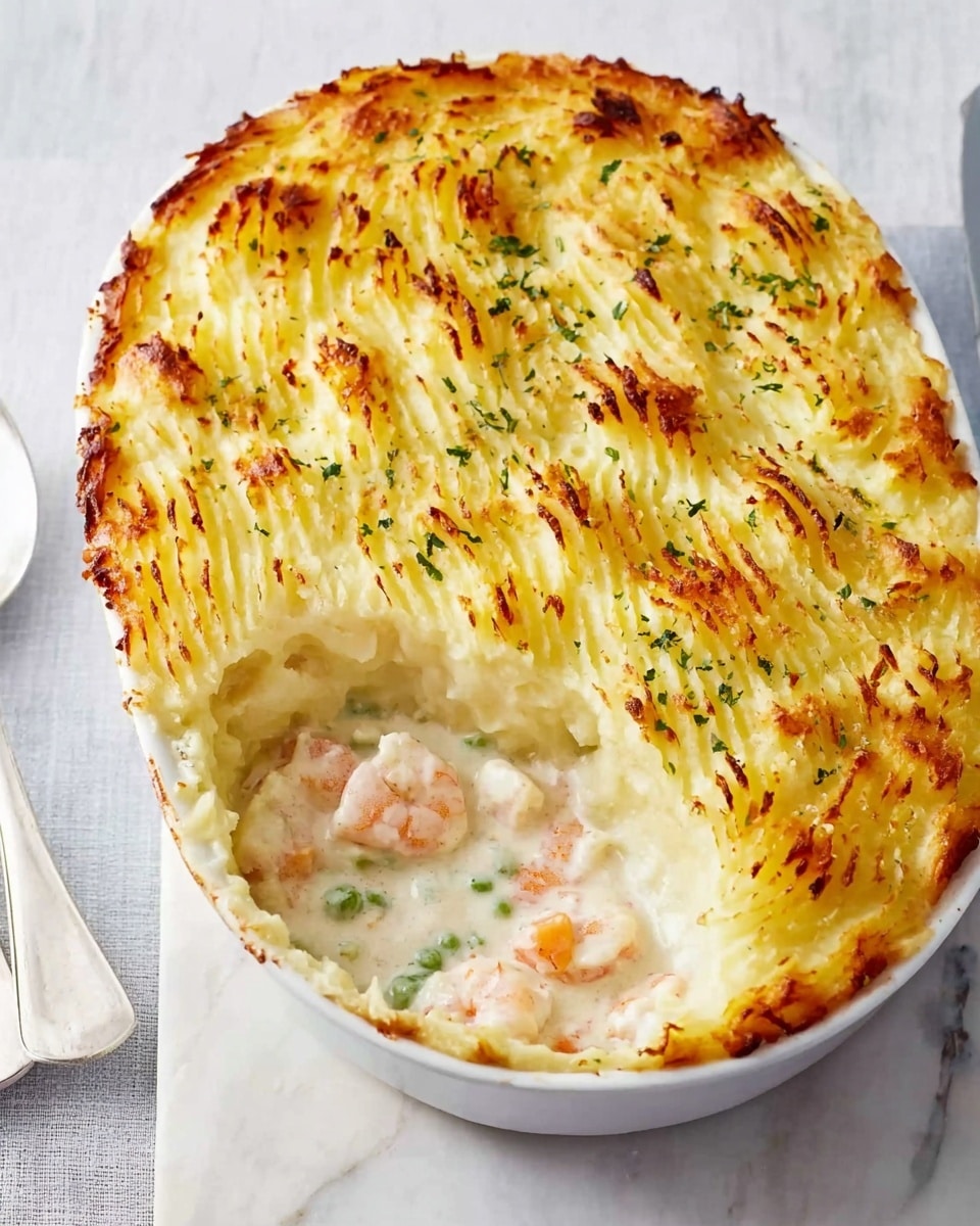 The dish is an oval white bowl filled with a layer of creamy golden mashed potatoes on top, which is textured with crisscross lines and browned spots from baking. Underneath the mashed potato layer, there is a creamy white sauce with visible chunks of meat and pieces of shrimp that can be seen where a portion has been scooped out. The bowl is placed on a light cloth on a white marbled surface, with a white spoon resting beside it holding some of the creamy filling. photo taken with an iphone --ar 4:5 --v 7