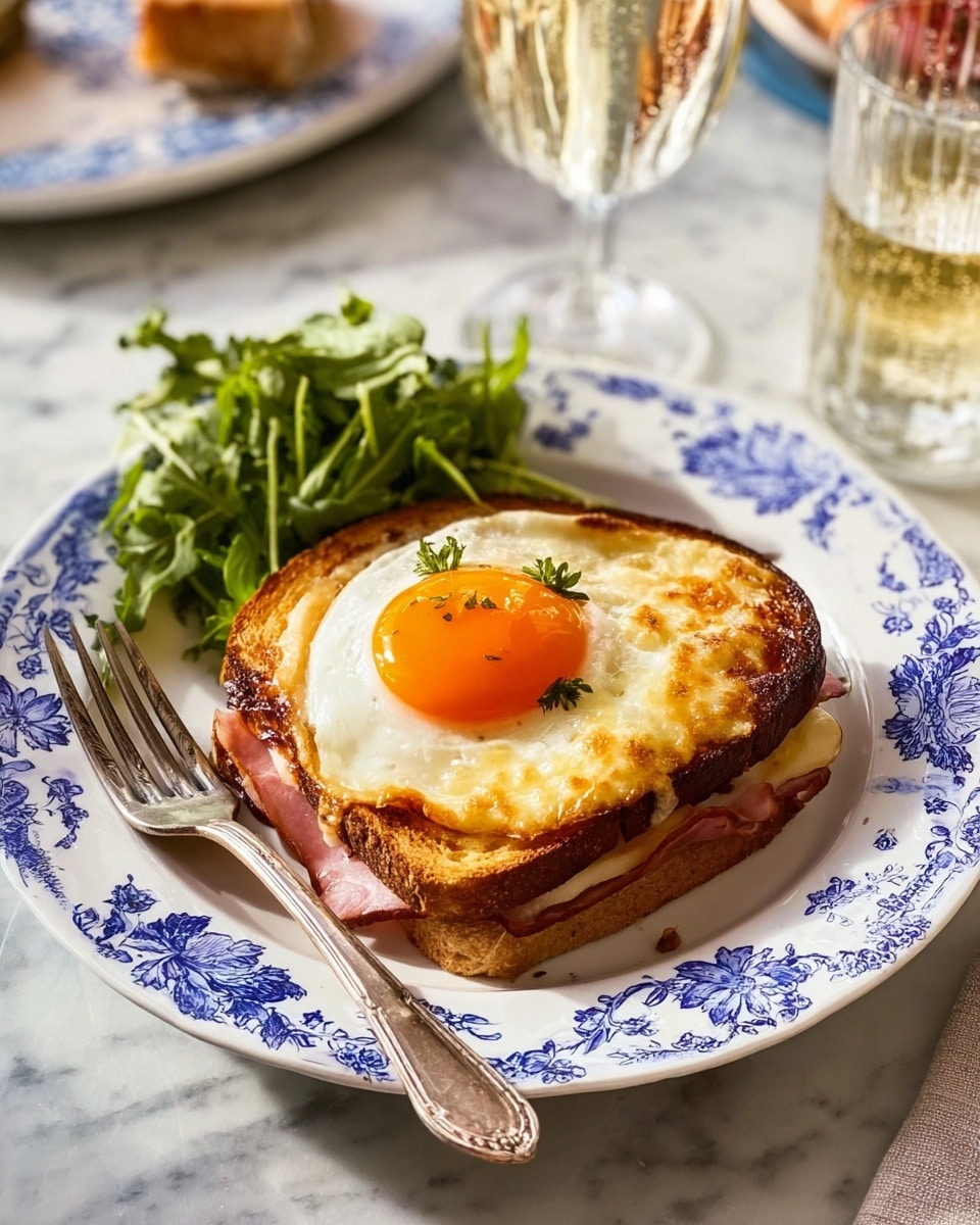 A white plate with blue floral patterns holds a layered sandwich consisting of three visible layers: the bottom layer is toasted brown bread with a slightly crispy texture, the middle layer contains pink ham, and the top layer is melted yellow cheese with browned edges. On top of the sandwich is a sunny-side-up egg with a bright orange yolk and glossy white edges. A small bunch of fresh green salad leaves with varied textures sits beside the sandwich. A silver fork rests on the left side of the plate. The surface beneath the plate is a white marbled texture, with a glass of clear sparkling beverage to the right of the plate. Photo taken with an iphone --ar 4:5 --v 7