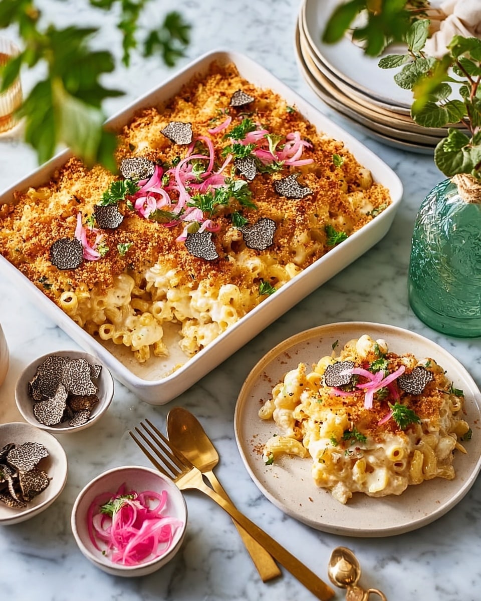 The image shows a white rectangular dish filled with baked macaroni and cheese, topped with a golden brown, crispy layer that is sprinkled with thin slices of black truffle and curled pink pickled onions, along with some green parsley leaves scattered on top. Part of the macaroni and cheese is scooped out, revealing creamy pasta underneath with a smooth texture. Next to the baking dish, a white round plate holds a serving of the macaroni, also garnished with pink pickled onions and green parsley. Around the setting are small plates with truffle slices and additional pickled onions, all placed on a white marbled surface with soft natural lighting. Photo taken with an iphone --ar 4:5 --v 7