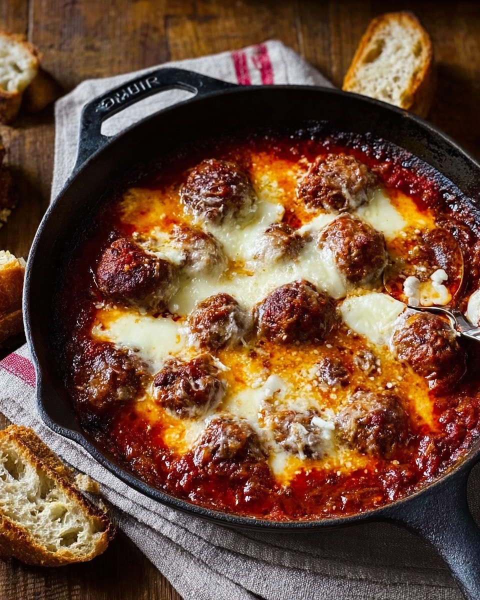 The dish is a cast iron skillet filled with layers of rich red tomato sauce, topped with browned meatballs and melted golden to white cheese unevenly spread across the surface. The meatballs are round, with a browned texture that peeks through the cheese. Around the skillet are torn pieces of crusty bread resting on a cloth with blue and white stripes, all placed on a wooden table. A woman's hand holding a dark handle is visible near the skillet, and a small container of dark sauce is nearby. The overall scene is warm and rustic with the skillet as the main focus, photo taken with an iphone --ar 4:5 --v 7