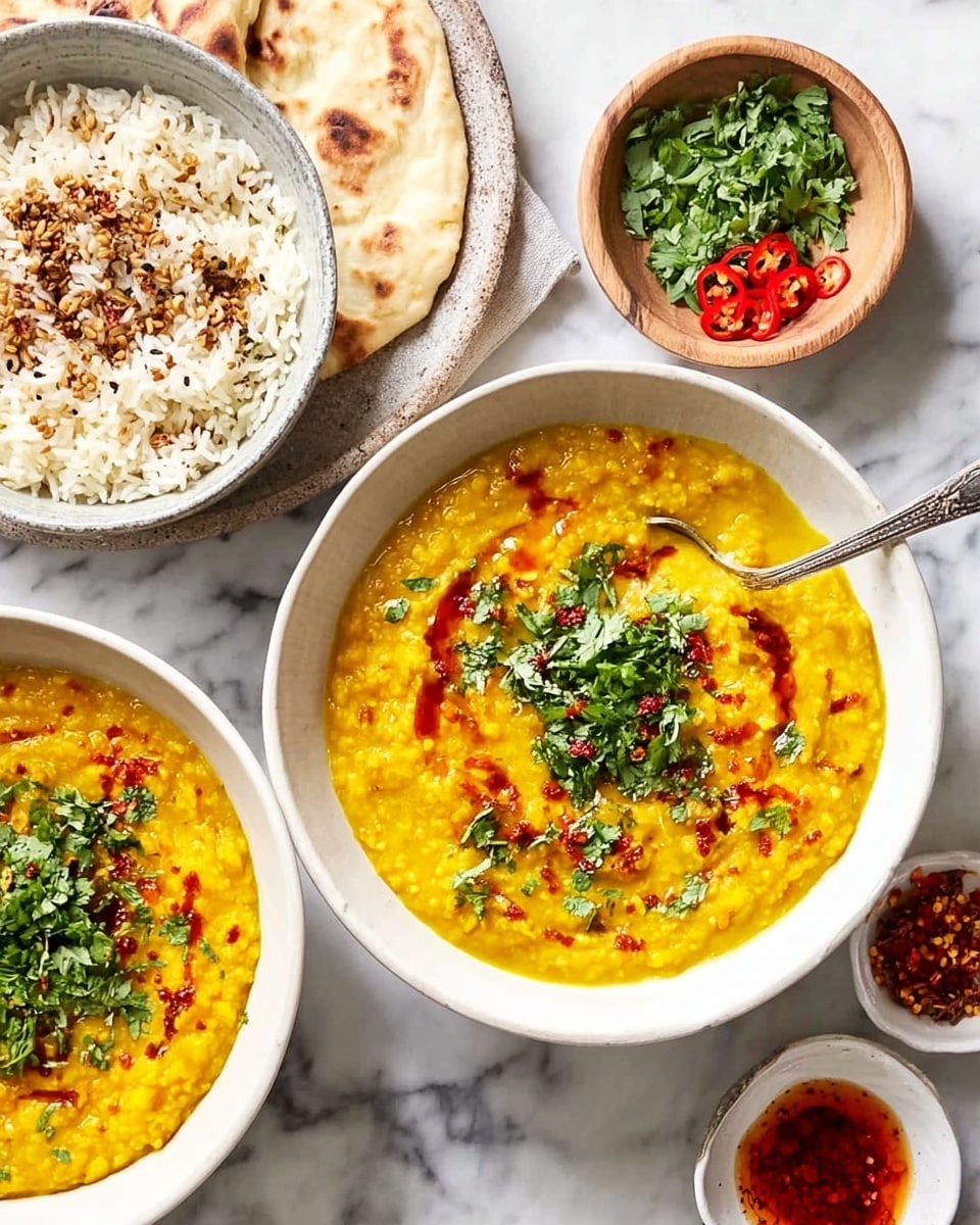 Two white bowls filled with yellow lentil stew, each topped with green chopped herbs and a drizzle of red oil, placed on a white marbled surface. One bowl has a silver spoon resting inside on the top left side. To the left, there is a white bowl containing cooked white rice mixed with tiny dark spices. Above the rice bowl, a folded light beige cloth napkin is visible. To the right, there are two small bowls: one wooden bowl with finely chopped green herbs and thin red strips, and a smaller white bowl with more red oil or sauce. A piece of flatbread is partly visible under the rice bowl. Photo taken with an iphone --ar 4:5 --v 7