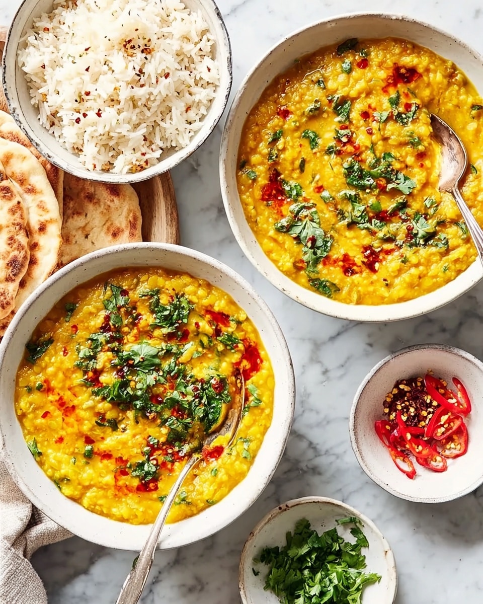 Two white bowls filled with a thick, bright yellow lentil dish, each topped with a drizzle of red sauce and sprinkled green herbs, placed on a white marbled surface. One bowl has a silver spoon inside, partially submerged in the lentils. Surrounding the bowls are smaller white bowls, one holding white rice with bits of brown spices, another with a red oily sauce, and a wooden bowl containing chopped green herbs and red chili strips. A piece of flatbread is partially visible near the rice bowl. The setting is bright, with natural light highlighting the colors and textures. Photo taken with an iphone --ar 4:5 --v 7