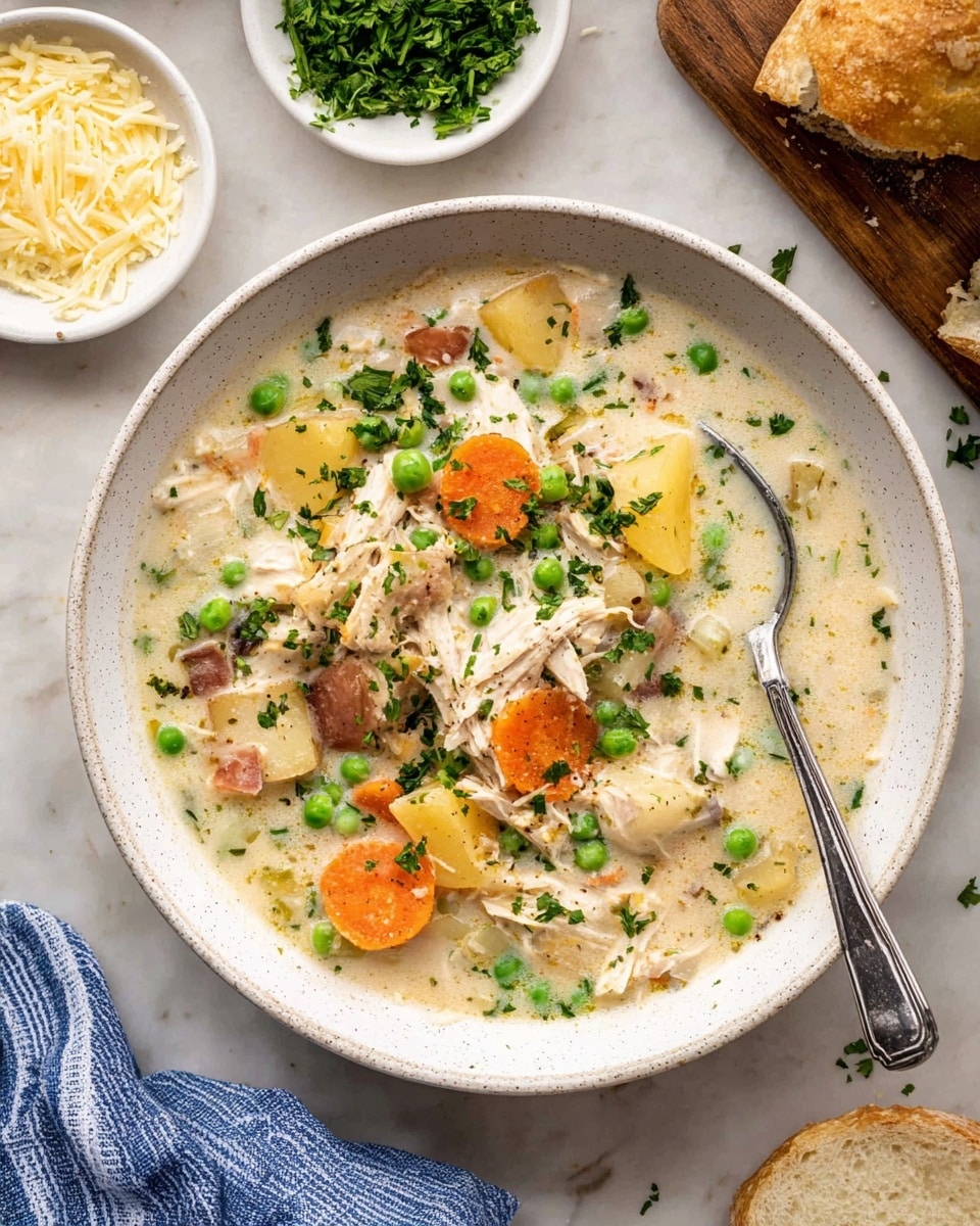 A close-up of a white slow cooker filled with creamy chicken soup showing three main layers: the top layer with bright green peas scattered across the surface, the middle layer with soft orange carrot slices and small potato cubes with red skin, and the bottom layer made of shredded white chicken pieces mixed evenly throughout the creamy beige broth. A silver spoon lifts a portion of the soup, showing a mix of all ingredients clearly. The background is a white marbled surface with blurred green leaves in the distance. photo taken with an iphone --ar 4:5 --v 7