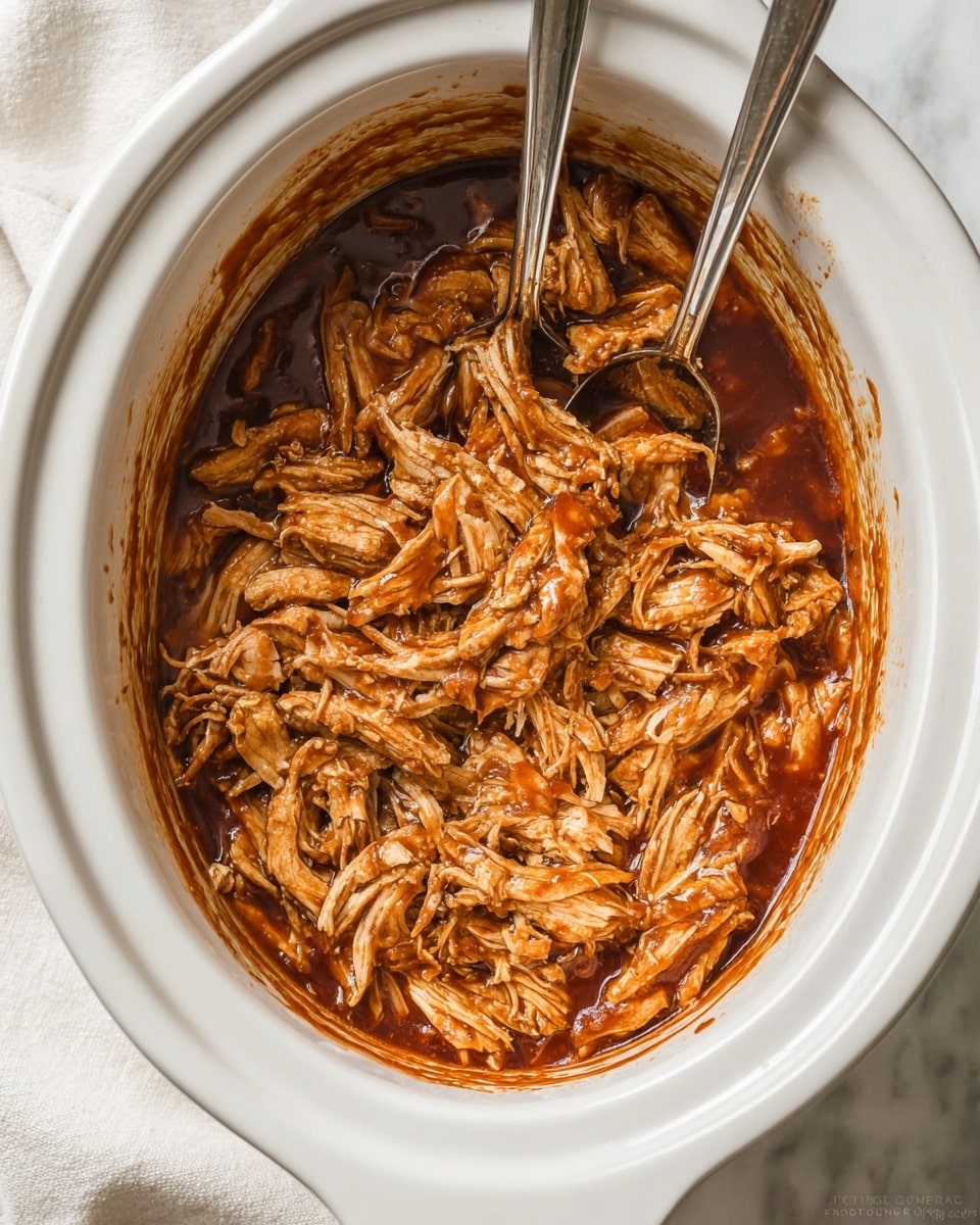 The image shows a white slow cooker filled with shredded chicken covered in a thick, dark reddish-brown sauce. The chicken pieces are moist and tender with visible texture, and the sauce coats the chicken fully, pooling slightly at the bottom. Two silver forks are placed inside the cooker, with one piercing some chicken and the other leaning against the edge. The slow cooker sits on a white marbled surface. photo taken with an iphone --ar 4:5 --v 7