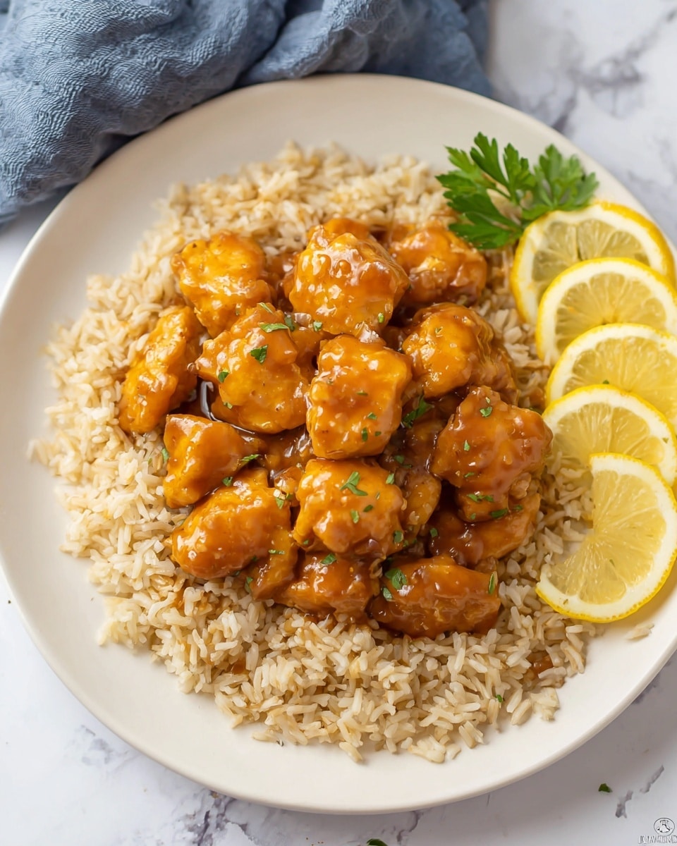 A white plate holds a bed of light brown rice spread in a circular shape, topped with several pieces of golden brown chicken coated in a shiny, thick orange glaze. On the upper right side of the plate, there are two lemon slices placed slightly overlapping each other, and a small sprig of green parsley next to them. The white marbled surface underneath adds a clean and bright background to the scene. photo taken with an iphone --ar 4:5 --v 7