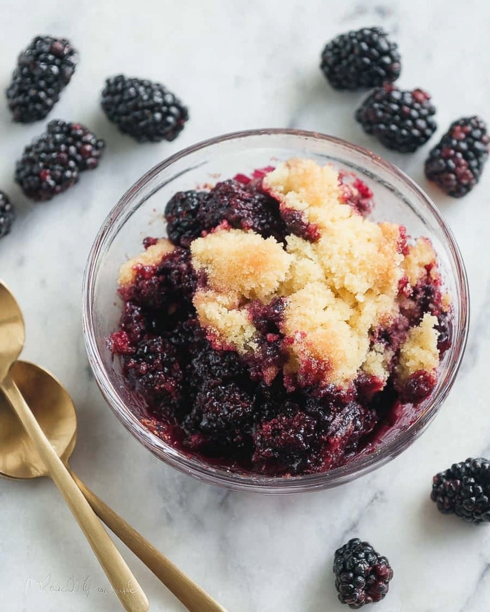 The image shows a small clear glass bowl filled with a mixed dessert of blackberries and a crumbly yellow cake. The dessert has layers of juicy dark purple and black blackberries mixed unevenly with soft cake pieces that have a lightly browned top. The bowl is placed on a white marbled surface with a few whole blackberries scattered around it. Two gold forks lie next to the bowl, and there is a clear glass jar filled with more blackberries slightly out of focus in the background. photo taken with an iphone --ar 4:5 --v 7