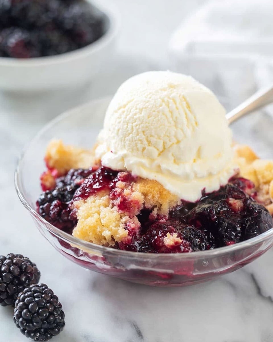 The image shows a dessert in a clear glass bowl, placed on a white marbled surface. The bottom layer is a mix of cooked blackberries with a dark purple, juicy texture. Above this is a layer of golden brown crumbly cake or crust, partially soaked with berry juice, giving it a slightly wet look. On top of this sits a large scoop of creamy, pale yellow ice cream with a smooth texture. Around the bowl and on the surface, there are fresh whole blackberries, adding a fresh touch to the setting. Photo taken with an iphone --ar 4:5 --v 7