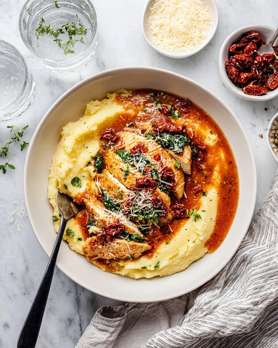 The dish is presented in a white bowl with a ridged texture, placed on a white marbled surface. The bottom layer is a smooth, pale yellow mashed potato spread in a round shape. On top of this, sliced light brown cooked chicken pieces are laid out in a fan shape. A rich red-orange sauce with a slightly chunky texture, containing dark green spinach leaves and sun-dried tomatoes, is poured generously over the chicken. The dish is sprinkled with finely grated pale cheese and small green herb leaves for garnish. To the left side of the bowl, a black spoon rests partially on the mashed potatoes, with a little sauce on its edge. In the background, a clear glass of water and small white bowls with grated cheese and sun-dried tomatoes can be seen. photo taken with an iphone --ar 4:5 --v 7