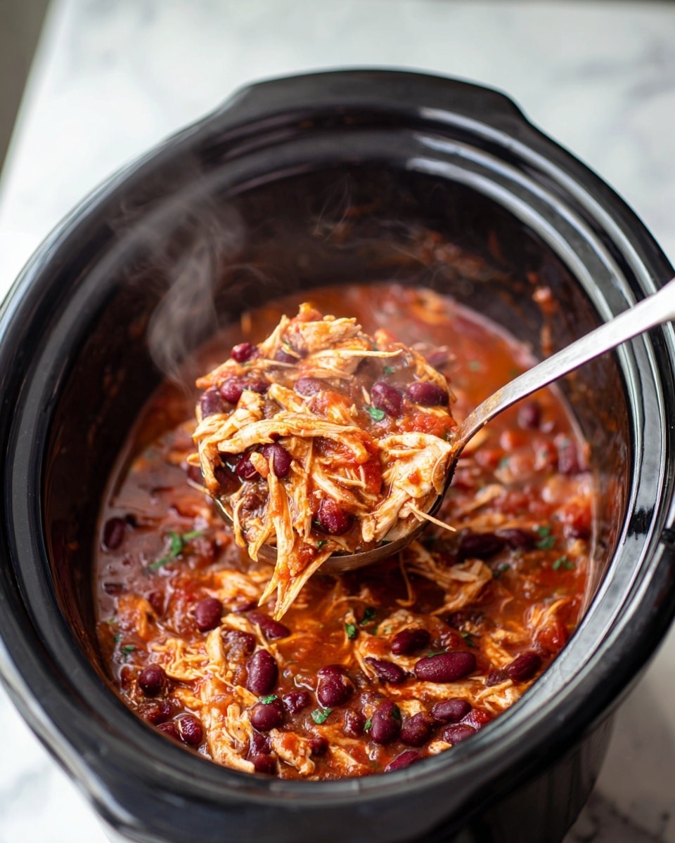 The image shows a black slow cooker filled with a warm, thick stew consisting of shredded light-colored chicken pieces mixed with dark red kidney beans and chunks of soft red tomatoes in a reddish-brown sauce. A silver ladle is scooping up a portion of the stew, highlighting the chunky, textured layers of shredded chicken on the bottom, kidney beans scattered throughout in the middle, and the saucy tomato base on top. The slow cooker is set on a white marbled surface with soft natural lighting. photo taken with an iphone --ar 4:5 --v 7