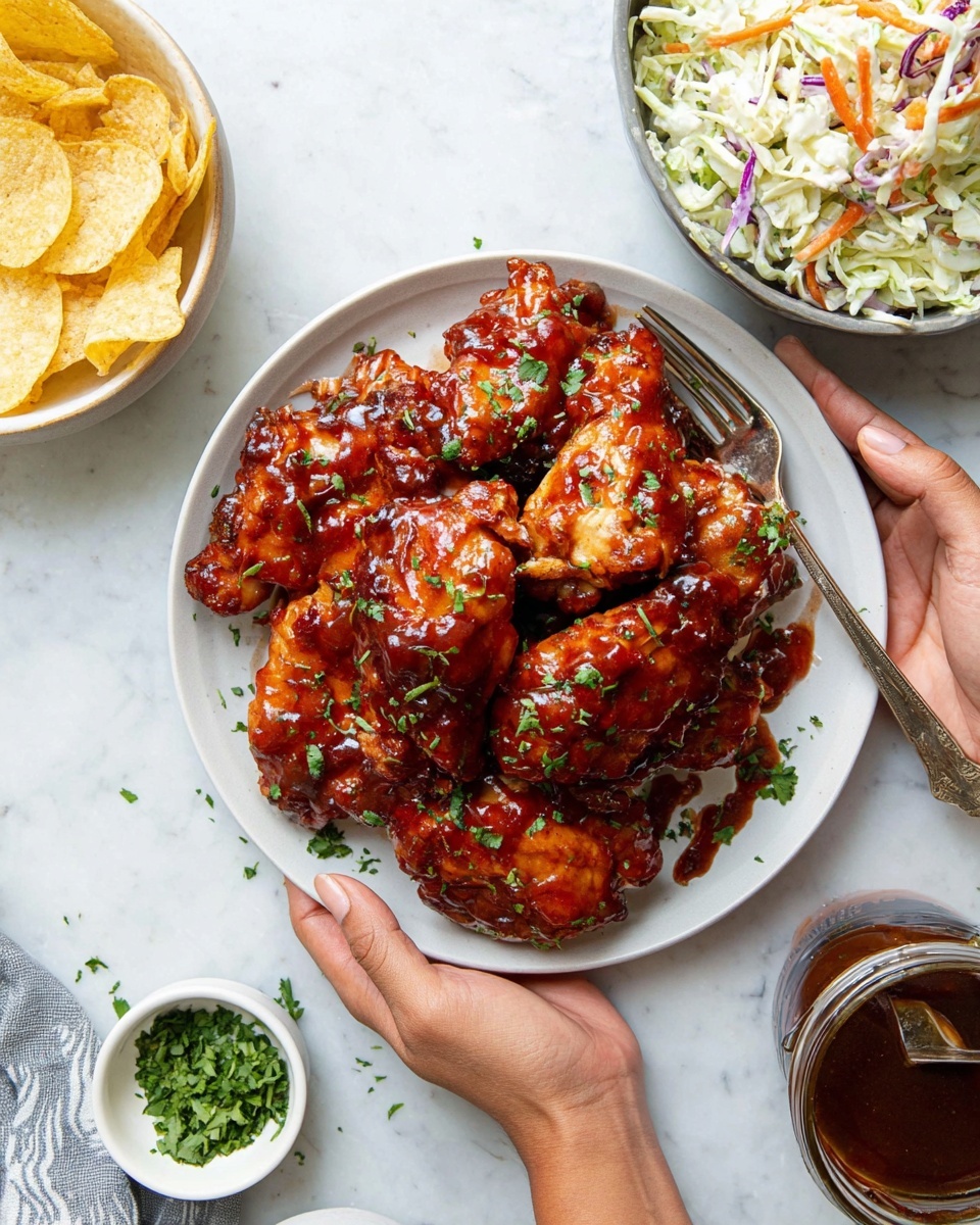 A bowl filled with several pieces of glazed chicken thighs stacked on top of each other, each piece covered with a shiny reddish-brown sauce and sprinkled with small green parsley leaves. The bowl is gray and set on a white marbled surface. A woman's hand holds the bowl from the right side, while another woman's hand holds the bottom left side of the bowl, with a knife resting inside the bowl beside the chicken. Surrounding the bowl, there is a white bowl with potato chips on the bottom left and a gray bowl with coleslaw salad on the top right, along with a small jar of extra sauce with a spoon in it near the bottom right. Small pieces of chopped parsley are scattered around. Photo taken with an iphone --ar 4:5 --v 7