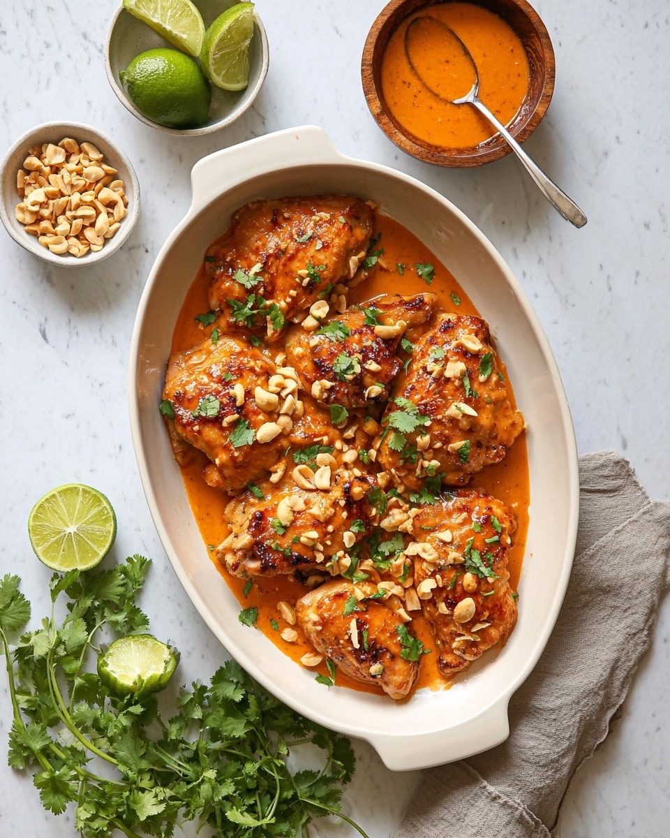 The image shows a white plate filled with several pieces of golden-brown patties layered close together, drizzled with a smooth orange sauce. On top of the patties, there are scattered pieces of chopped peanuts and sprigs of fresh green cilantro. A silver fork rests on the edge of the plate. To the right side of the plate, there is a small wooden bowl containing more of the orange sauce with a spoon inside. Below the plate on the white marbled surface, there is a small bowl with wedge-cut lime pieces and another small bowl filled with chopped peanuts. Fresh green cilantro leaves are scattered around on the white marbled surface along with some peanut pieces. photo taken with an iphone --ar 4:5 --v 7
