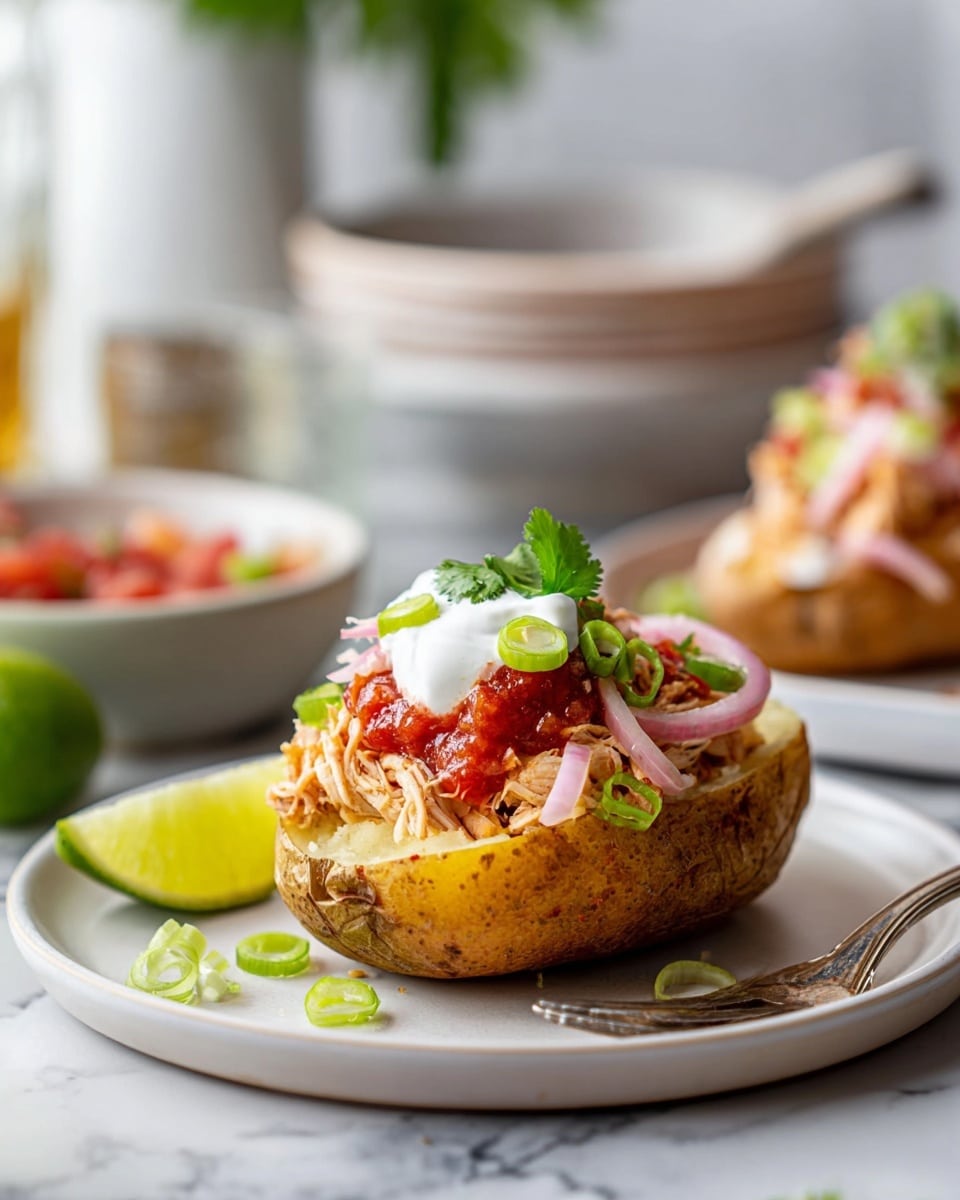 A white plate holds a halved baked potato as the base layer, showing a brown skin with a soft beige inside. On top, there is shredded cooked chicken covered by a layer of red salsa sauce. Above this, a dollop of white sour cream sits next to pink pickled onion slices. The final touches include green onion rings sprinkled over and a fresh green cilantro leaf on top. The plate is set on a white marbled surface with a silver fork resting on the plate's edge. In the background, there are blurred bowls with more salsa, chicken, and a red drink. Photo taken with an iphone --ar 4:5 --v 7
