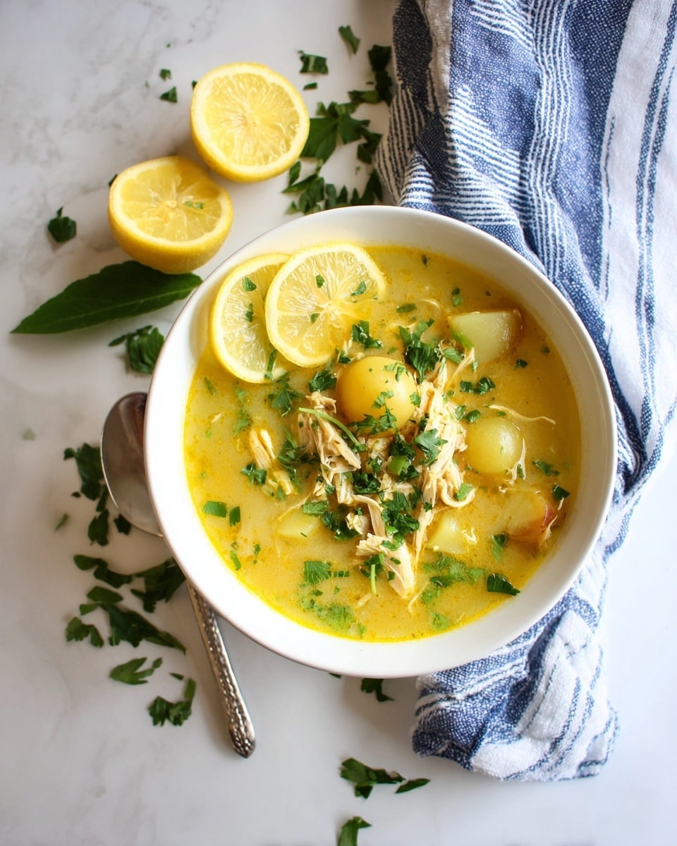 A white bowl filled with a yellow soup, layered with small round potatoes and shredded light yellow chicken pieces, topped with chopped green herbs. On the edge of the bowl are three thin lemon slices with green parsley leaves as garnish. The bowl sits on a white marbled surface with scattered lemon wedges and green parsley leaves around it. A silver spoon and a blue-and-white striped cloth are visible near the bowl. Photo taken with an iphone --ar 4:5 --v 7