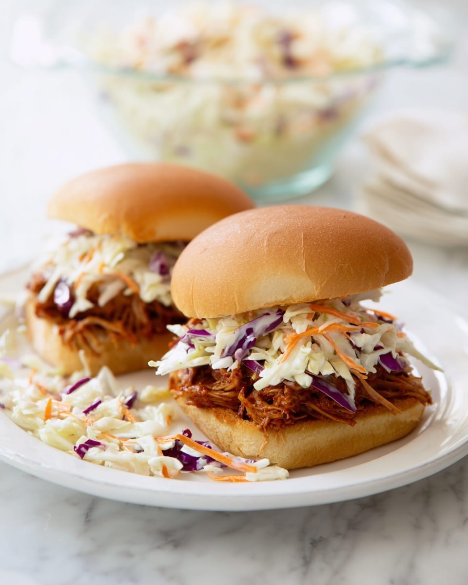 The image shows two sandwiches on a white plate over a white marbled surface. Each sandwich has a soft, light brown bun on top and bottom. The bottom bun holds a layer of shredded, cooked chicken with a reddish-brown sauce. Above the chicken, there is a thick layer of coleslaw made of white and purple cabbage with bits of orange carrot mixed in. Some coleslaw pieces are scattered around the plate, adding a casual look. In the blurry background, a clear glass bowl filled with more coleslaw is visible. The whole scene is bright and clean, with soft natural light. Photo taken with an iphone --ar 4:5 --v 7