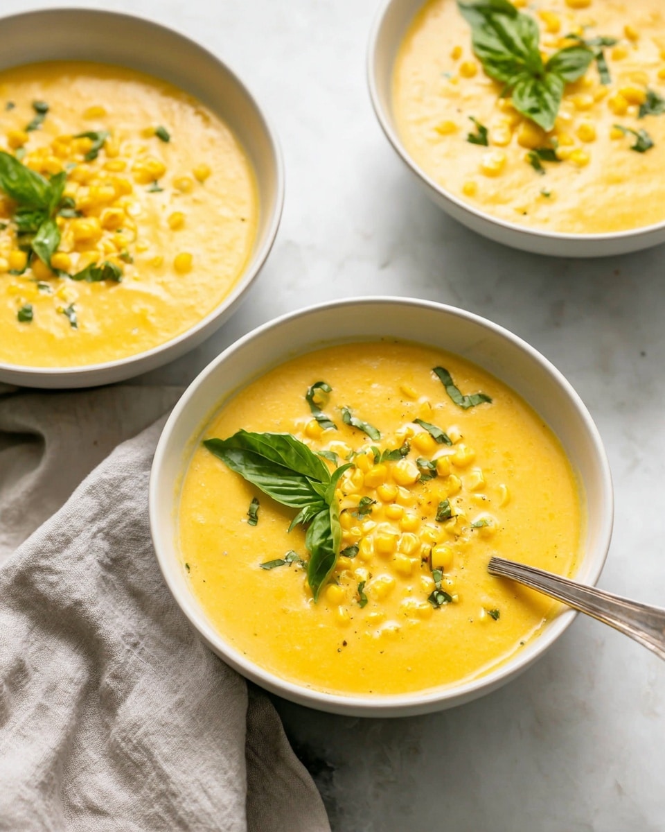 Three bowls of smooth bright yellow corn soup sit on a white marbled surface. Each bowl is white and filled with creamy corn soup topped with small whole corn kernels and green herbs, including basil leaves and chopped chives. The closest bowl to the viewer shows a silver spoon resting inside, partially covered by the soup. Around the bowls, loose green basil leaves are scattered, adding fresh color contrast. A gray textured cloth is placed at the bottom left corner. The light is soft, highlighting the creamy texture and rich yellow color of the soup. photo taken with an iphone --ar 4:5 --v 7