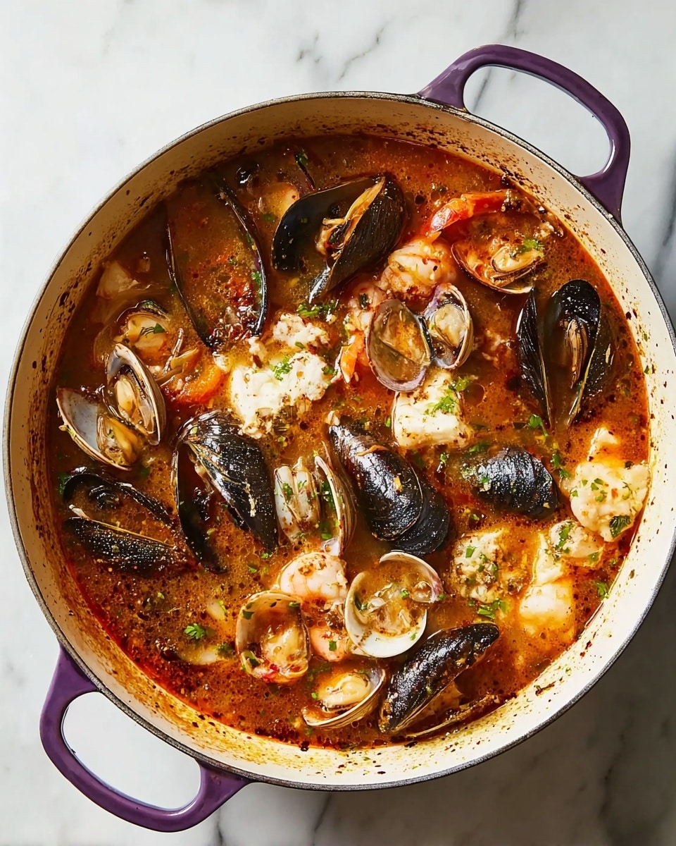 A large white pot with purple handles is filled with a rich reddish-brown broth. Floating in the broth are several layers of seafood including black mussel shells, light brown clams, white scallops, and pink shrimp, all spread evenly across the surface. The broth appears slightly oily with herbs and spices visible, giving it a textured look. The pot sits on a white marbled surface, adding a clean background contrast to the vibrant seafood. photo taken with an iphone --ar 4:5 --v 7