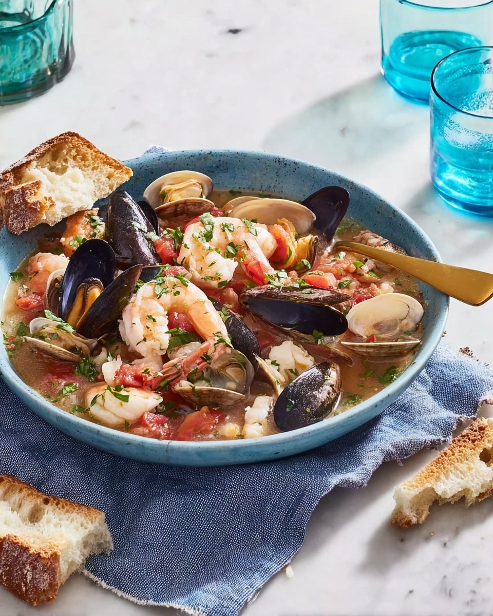 A white bowl filled with clear seafood soup showing several layers of ingredients: pink shrimp and white fish pieces on the bottom, topped with opened black and light brown mussels and clams mixed with red tomato chunks. Fresh green herbs are sprinkled over the top as garnish. The bowl sits on a bright blue cloth on a white marbled surface, with pieces of crusty bread around it and clear glasses with blue and orange bottoms in the background. A golden spoon rests inside the bowl. photo taken with an iphone --ar 4:5 --v 7