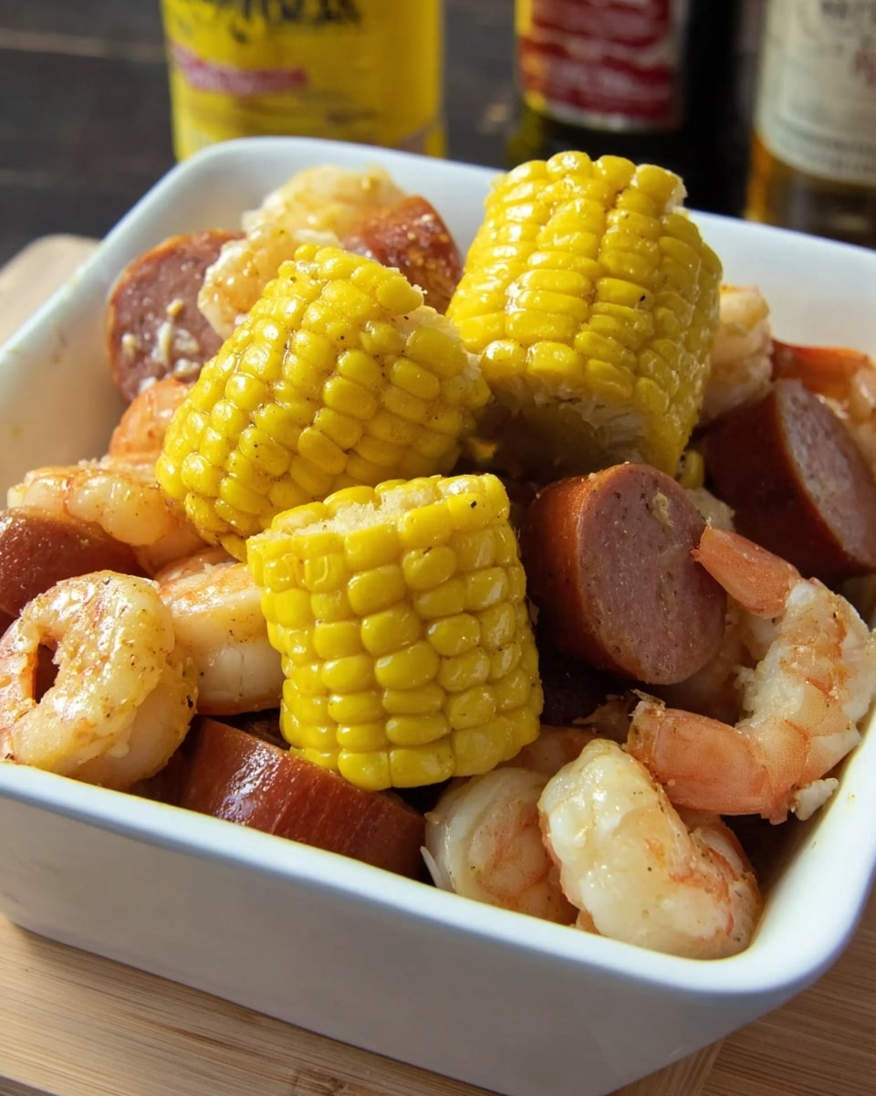 The dish shows a white square bowl filled with a mix of cooked food layers. The bottom layer has small cooked shrimp with an orange-pink shell and tails. On top of and among the shrimp are pieces of cooked sausage, dark brown with a smooth texture and some shiny spots. Surrounding and partly resting on the shrimp and sausage are bright yellow corn pieces cut into thick sections, with some small black smiles on the kernels. The background has a white marbled texture, and there are some sauce bottles visible behind the bowl. photo taken with an iphone --ar 4:5 --v 7