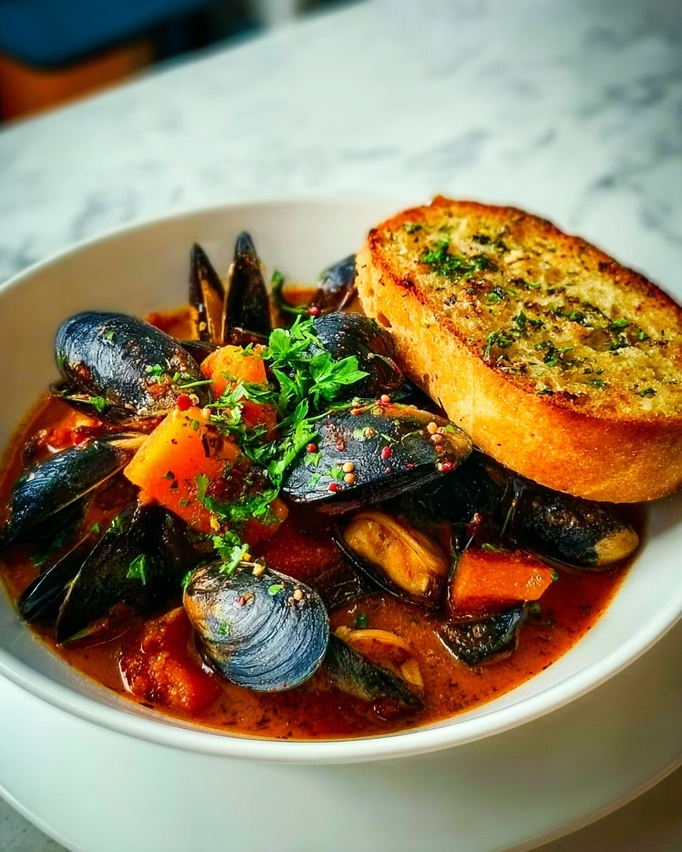 The image shows a white bowl filled with a seafood stew. There are many dark blue mussel shells with opening tops, sitting on top and throughout the stew. The stew has a thick orange-red broth, with visible chunks of bright orange vegetables like carrots and other small chopped ingredients. On the side, leaning against the bowl edge, is a round toasted bread with herbs and red pepper flakes on top. The top of the stew is sprinkled with fresh chopped green herbs. The whole bowl sits on a white marbled surface. Photo taken with an iphone --ar 4:5 --v 7
