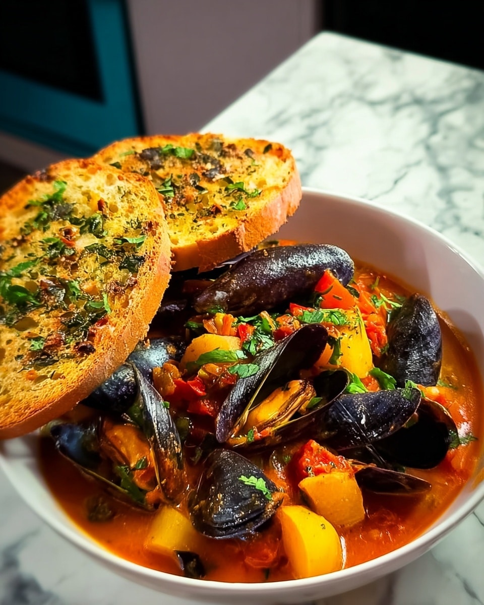The image shows a white bowl filled with a colorful seafood stew layered with dark purple mussels on top, bright orange carrot chunks scattered in the middle, and other mixed ingredients in a rich red broth. A piece of toasted round garlic bread, golden with green herbs and red bits, is placed leaning against the stew on one side of the bowl. The dish is garnished with fresh green parsley leaves sprinkled over the mussels and carrots. The bowl sits on a white marbled surface with a blurred dark background behind it. Photo taken with an iphone --ar 4:5 --v 7