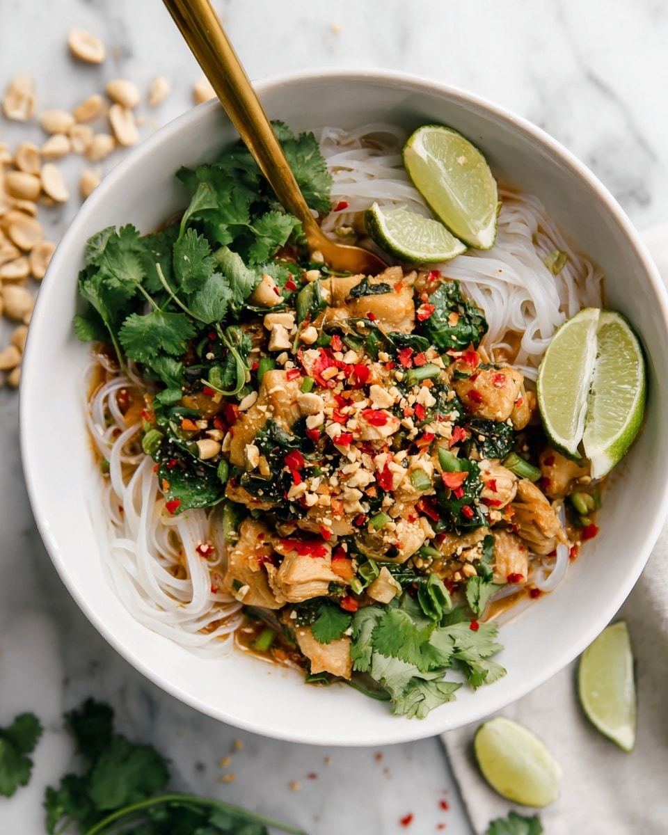 A white bowl holds a layered dish starting with a base of thin, white rice noodles. On top, there are small pieces of light brown cooked meat mixed with chopped red bell peppers, green onions, and fresh cilantro leaves. There are also crushed peanuts scattered over the dish and small green lime wedges placed around the edges. A golden spoon is placed inside the bowl, leaning against the side. The bowl sits on a white marbled surface with some lime wedges and cilantro scattered around. Photo taken with an iphone --ar 4:5 --v 7