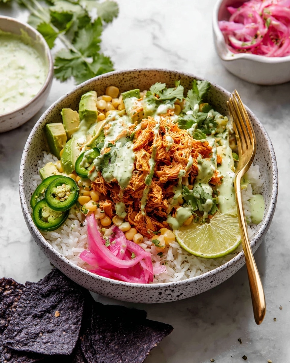A white speckled bowl with several layers, starting with a base of white rice or cauliflower rice, topped with a pile of shredded orange-brown chicken mixed with yellow corn kernels in the center. Around the chicken are diced light green avocado pieces, sliced bright green jalapeños, and thin, curly pink and white pickled onions. Two lime wedges sit on one side near the bottom, with small green cilantro leaves scattered on top and around the bowl. A creamy pale green sauce with black pepper is drizzled over the chicken. A gold spoon is placed in the bowl on the right side. The bowl is set on a white marbled surface with some dark blue chips partially visible at the bottom left corner. Photo taken with an iphone --ar 4:5 --v 7