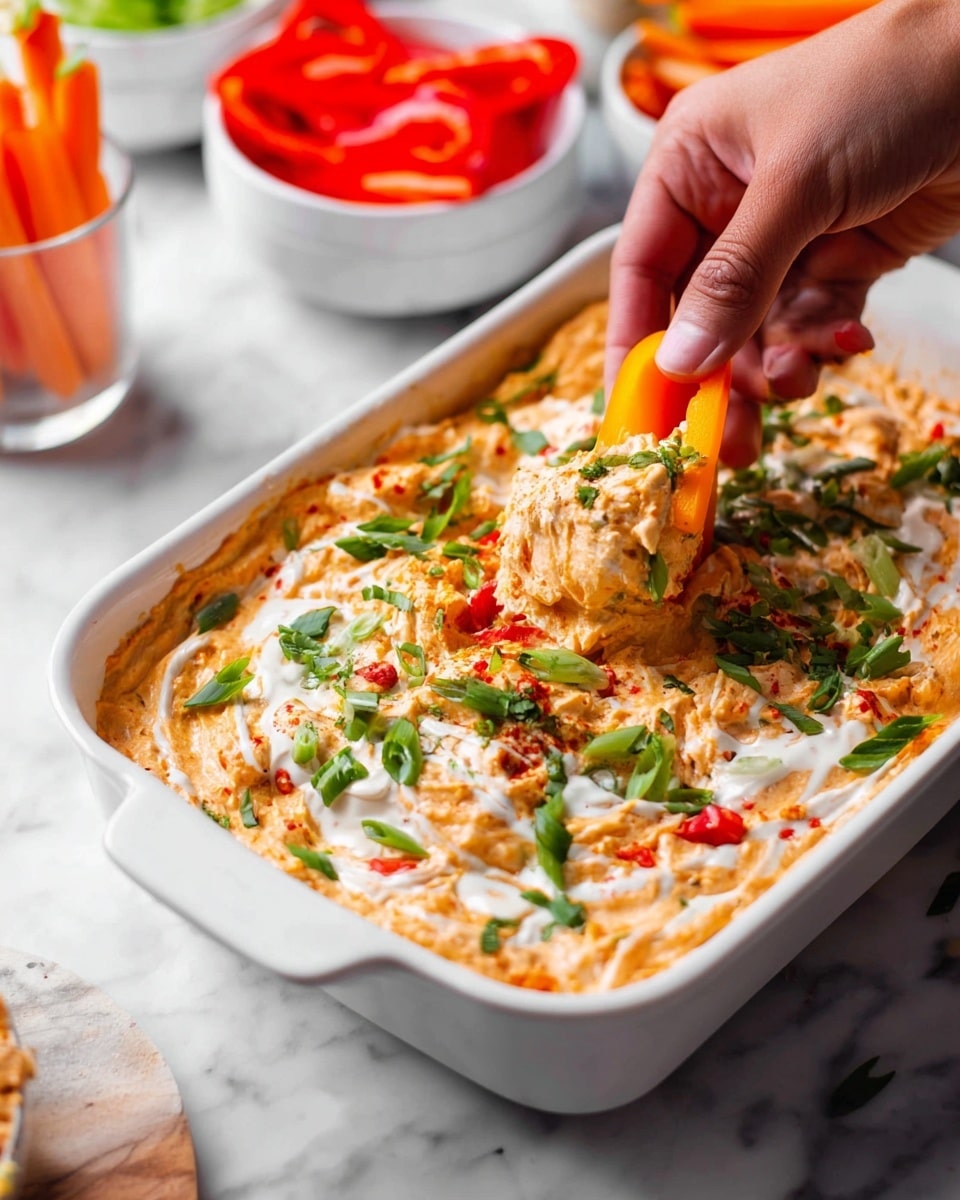 A white rectangular baking dish filled with a creamy, orange-colored dip that has visible small pieces of red pepper mixed in. The dip is topped with green chopped onions scattered evenly across the surface and drizzled with white sauce and small dots of red hot sauce, creating a marbled effect. A woman's hand is seen holding a yellow pepper slice scooping up some of the dip. Around the dish are small white bowls containing red pepper slices and green vegetable sticks, all placed on a white marbled surface. photo taken with an iphone --ar 4:5 --v 7